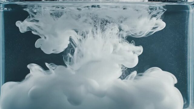 White smoke billowing and swirling in clear water tank, creating dynamic underwater patterns