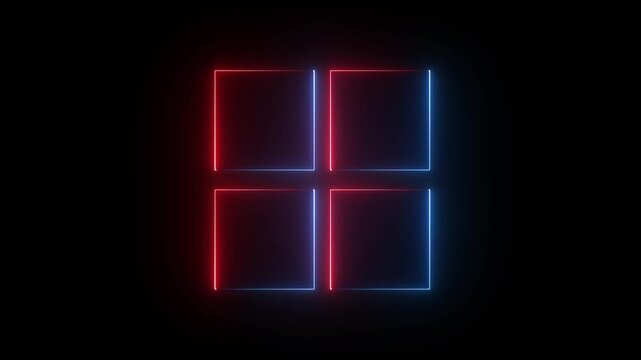 Glowing neon square rectangle picture frame icon animation shape frame border frame photo frame neon box sign symbol. neon display box round screen photo frame retro movement with black background. 4k