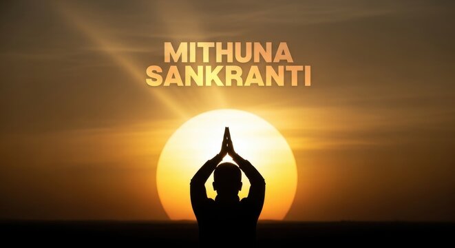 Person meditating in prayer position at sunrise during Mithuna Sankranti festival