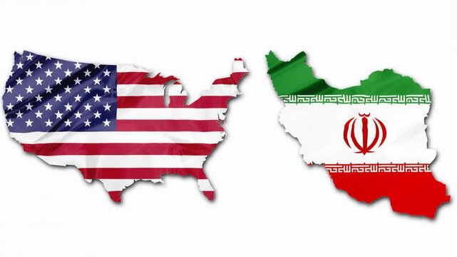 American flag and Iranian flag in political map shape on white background. Concept of world conflict and war. America VS Iran metaphor.