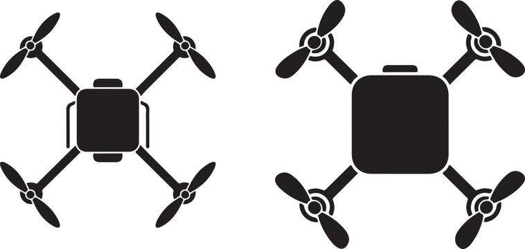 Two top down silhouette views of black drones with propellers extended on transparent background.