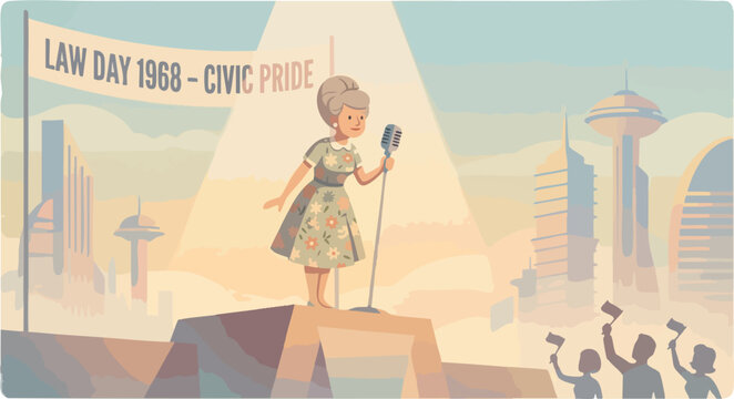 Law Day 1968 Commemoration with an Inspiring Speaker Addressing Citizens in a Stylized City