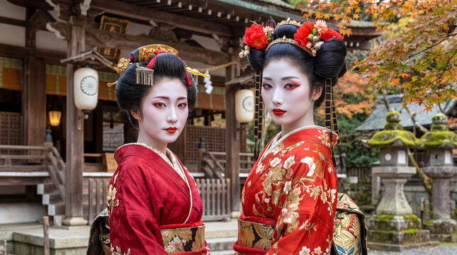 Zwei Japanische Geishas bekleidet mit einem Kimono vor einem Tempel, Japan, Generative AI