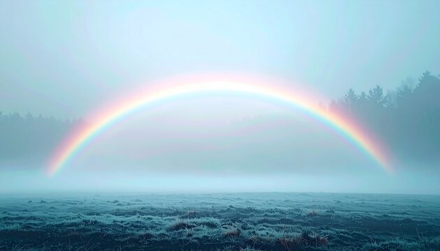 horizontal fogbow rainbow over misty landscape with soft morning light
