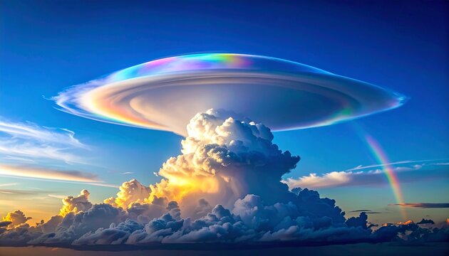 iridescent pileus cloud with rainbow over stormy sky at sunset