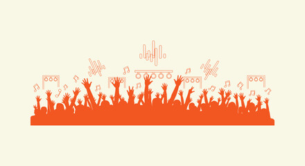 Obraz premium Silhouette of a Cheering Crowd at a Music Concert with Musical Notes and Sound Wave Elements Design