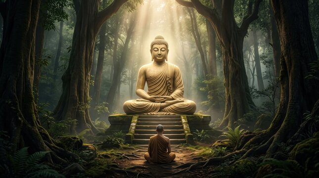 Serene Buddha statue in lush forest with monk meditating below meditation trees