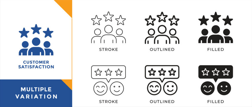 Customer satisfaction and rating icons with people group, star review and feedback symbols, user experience and service quality concept, minimal line and solid vector illustration