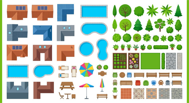 Collection of colorful top down views of buildings pools trees and furniture
