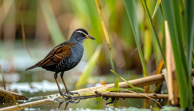 Baillon's crake bird perched on wetland reeds in soft natural light