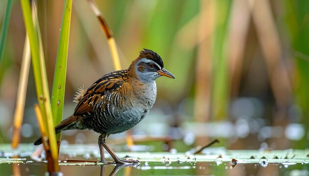 Baillon's crake wading in sunlit wetland reeds with water reflections