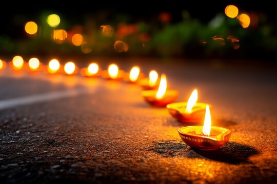 Beautiful Tihar Festival in Nepal with Oil Lamps Forming a Serene Pathway at Night