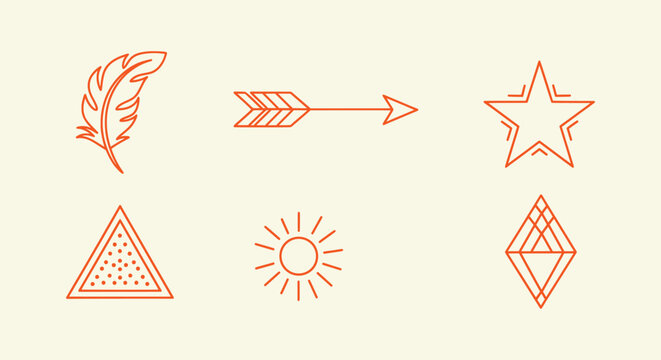 Set of boho minimalist icons including feather, arrow, star, sun, triangle and diamond vector shapes.