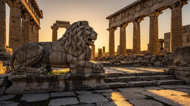 Majestic Stone Lion Statue at Ancient Didyma Temple Ruins at Sunset