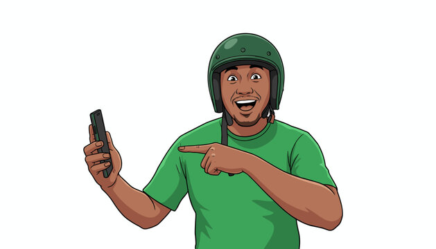 Happy male delivery or ride-hailing driver in a green helmet and t-shirt, pointing at a smartphone to illustrate app usage or service.