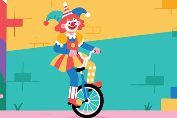 Colorful clown with red hair riding unicycle under abstract geometric circus background, vector illustration. © HardTeam