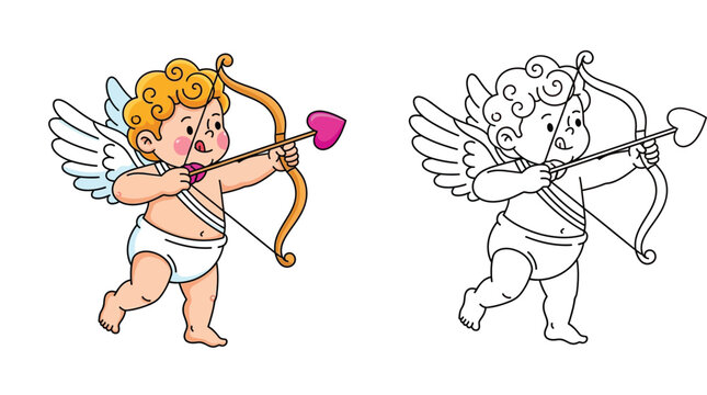 Cute Cartoon Cupid Cherub with Bow and Arrow for Valentine's Day, Colored and Line Art Illustration Set for Kids Coloring Book and Romantic Greeting Cards Design Vector Graphics