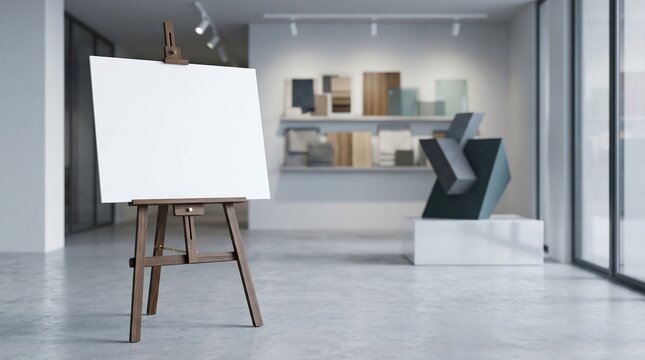 Blank white canvas on wooden easel in modern art gallery interior