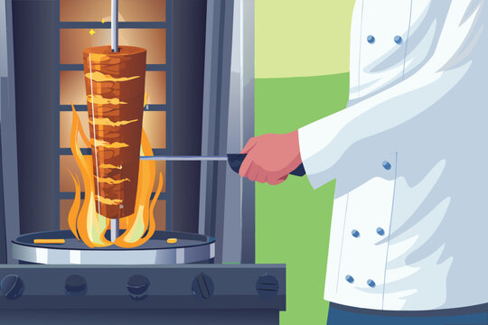 Open Kitchen Shawarma Station Scene Vector Illust
