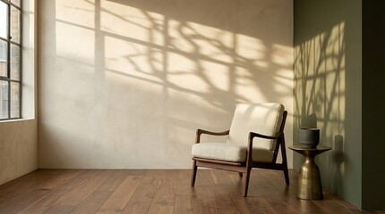 Fototapeta premium Modern boucle armchair in minimalist interior with tree shadows