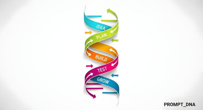 Dna helix infographic displays a conceptual business evolution process featuring key growth stages like idea generation, meticulous planning, product building, rigorous testing, and final expansion.