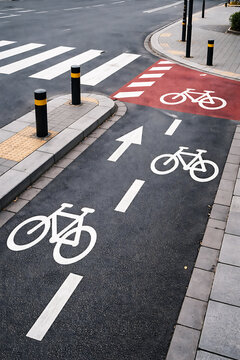 City street displaying painted bicycle lane markings and pedestrian crossing