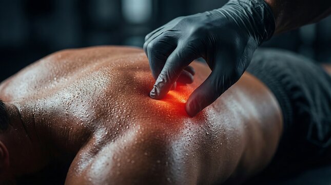 Therapist hand in glove pressing trigger point on sweaty male back with red light