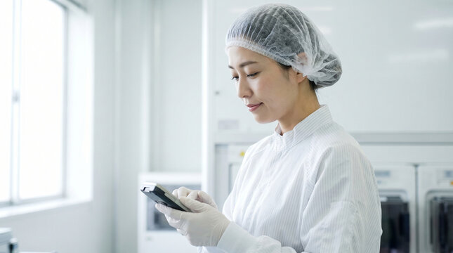 クリーンルームでハンディターミナルを操作する防塵衣姿の日本人女性技術者