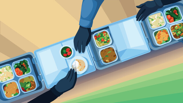 Packing Food Into Catering Boxes Scene Vector Ill