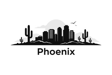 Fototapeta premium Phoenix Arizona City Skyline Silhouette with Cacti and Desert Landscape – Minimalist Black 2D Vector Illustration