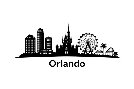 Orlando Skyline Silhouette Vector Illustration - Black Minimalist Cityscape Icon with Ferris Wheel, Castle and Roller Coaster