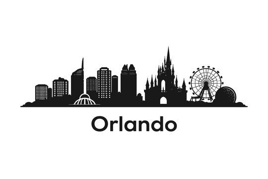 Orlando Skyline Silhouette Vector Illustration - Black Minimalist Cityscape Icon with Ferris Wheel and Castle