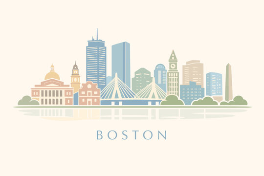 Boston Skyline with Zakim Bridge and State House &ndash; Soft Pastel Flat Vector Illustration