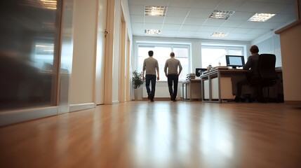 Fototapeta premium Professionals walking through a brightly lit modern corporate office space featuring natural light and contemporary design