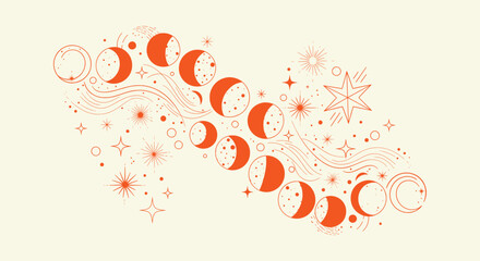 Mystical Celestial Moon Phases Illustration with Stars and Planets Orange Line Art Design Element © vectorial