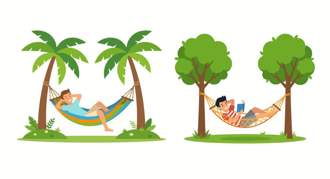 People relaxing in hammocks between palm trees and lush green trees
