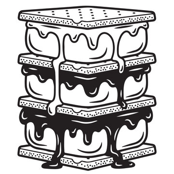 Stack of three s'mores with melting marshmallows and chocolate vector illustration for coloring book or camping design