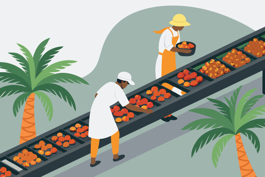 Palm Fruit Sorting Process Scene Vector Illustrat