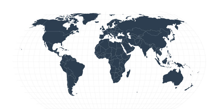 Professional World Map Vector with Graticule Grid, Navy Blue Political Map on Transparent Background