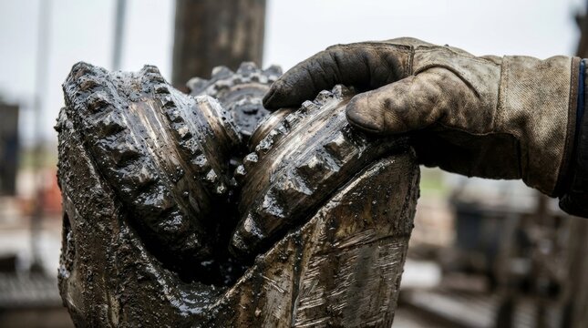 Close-up of a heavy-duty industrial tricone drill bit covered in mud and oil, with a worker's gloved hand performing maintenance or inspection on an oil rig site.