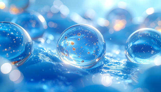 A macro photograph showcases three glistening water droplets suspended on a textured blue surface, illuminated by soft, diffused light, creating a mesmerizing display of refraction and clarity.