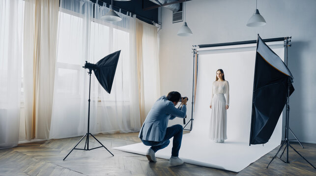 Creative Indoor Fashion Photoshoot in Professional Photographic Studio with Talented Photographer and Elegant Model