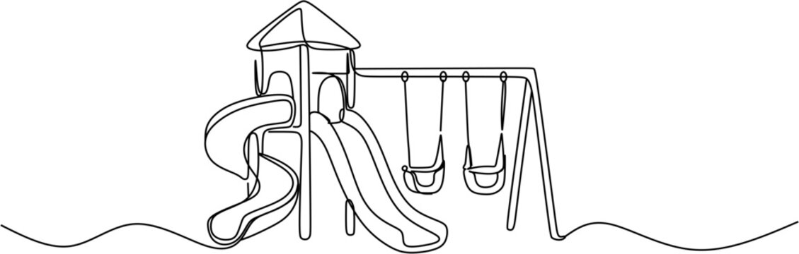 One line drawing of children playground equipment with slides and swings, continuous line art vector illustration of park play set for kids.