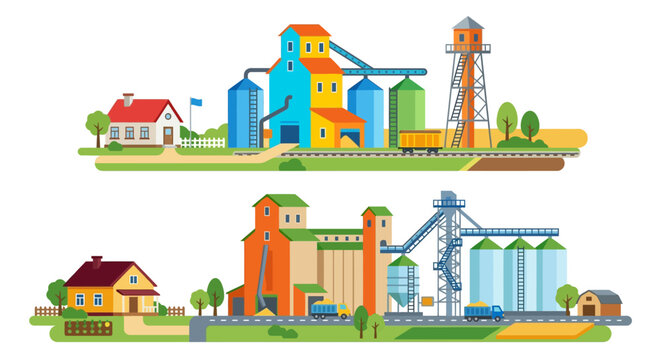 Colorful illustration depicting industrial grain elevators and surrounding rural landscape