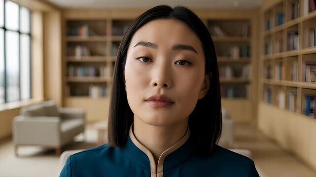 Young Asian Woman Looking Directly at Camera in a Modern Office With Bookshelves