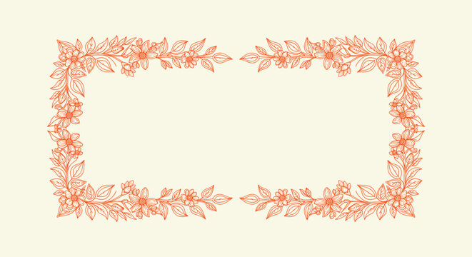 Orange Floral Frame Hand Drawn Botanical Border Design for Wedding Invitations and Greeting Cards