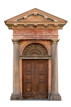 Portal in classical architectural style, featuring upper triangular pediment supported by Doric columns, isolated on white with clipping path