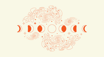 Celestial Moon Phases Vector Art with Mystical Galaxy Swirls Stars and Esoteric Lunar Cycle Boho © vectorial