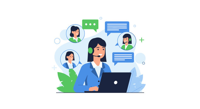 Customer service agent with headset and laptop, communicating with clients online