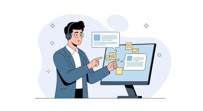 Customer service agent with headset pointing at computer screen with chat bubbles and sticky notes